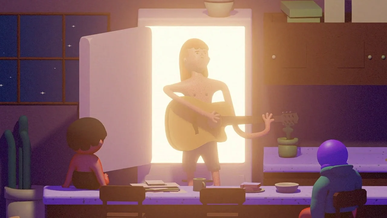 Boys Go To Jupiter (2024) movie still: wide — A cartoon-style kitchen at night with three figures present. One character stands in the open…