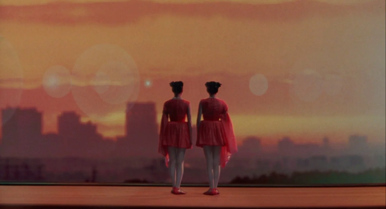 Godzilla and Mothra: The Battle for Earth (1992) movie still: fullbody — Two identical figures stand on a rooftop overlooking a silhouette of a…