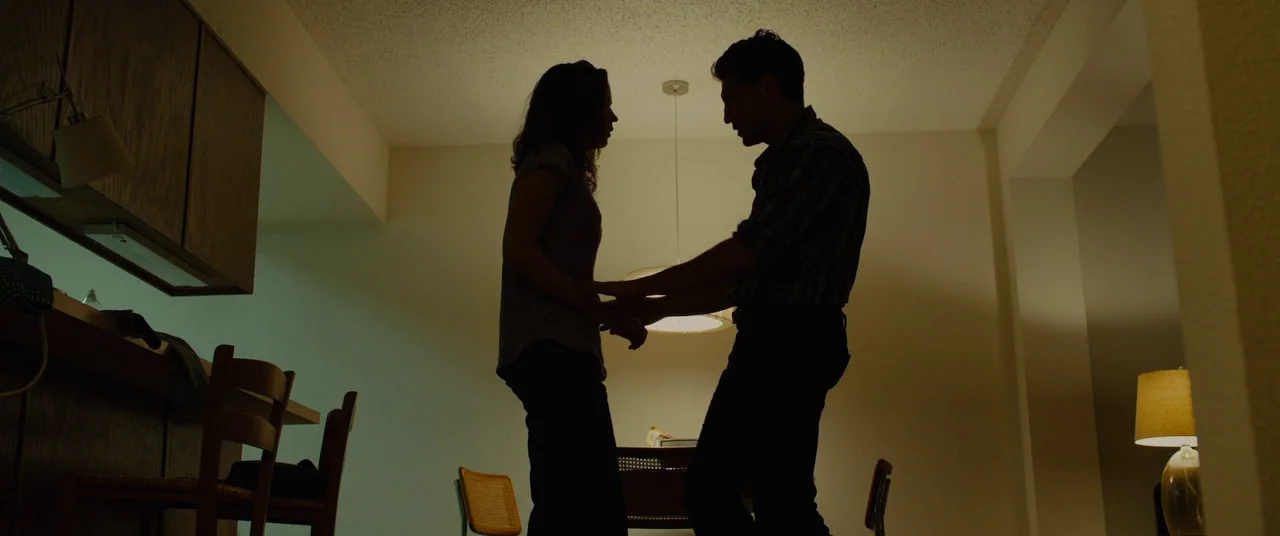 Sicario (2015) movie still: fullbody — A residential dining room at night with plain walls and mid-century modern style furniture. A couple stands…