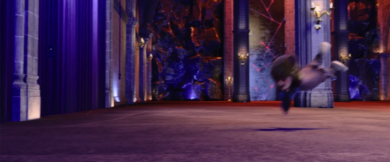 Happy Family (2018) movie still: wide — A spacious hall features tall stone pillars and walls etched with glowing red veins. A character is captured…