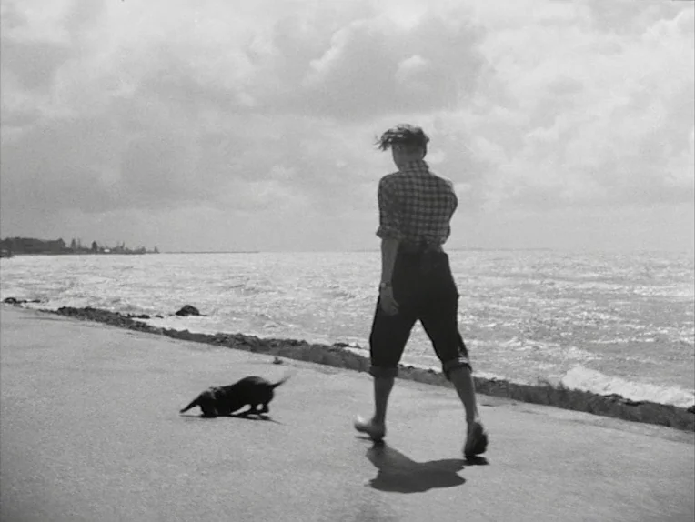 A Lesson In Love (1954) movie still: fullbody — A paved seawall runs parallel to a choppy ocean under a cloudy sky. A woman walks away from the…