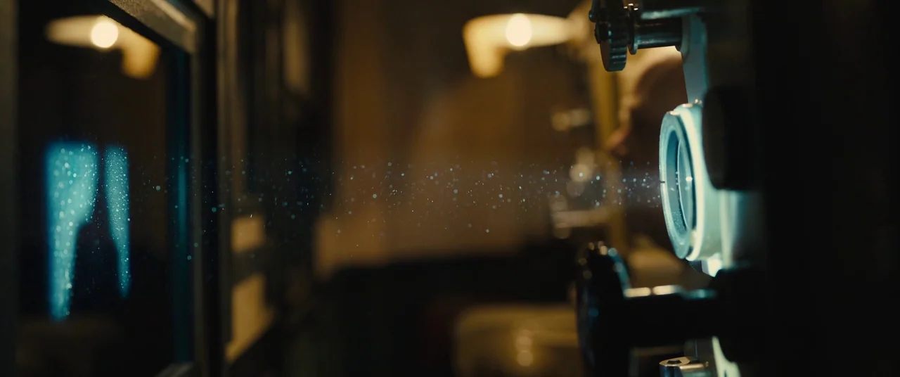 Empire of Light (2022) movie still: closeup — A dark, cramped room houses a metallic film projector casting a thin light beam. The intense light…