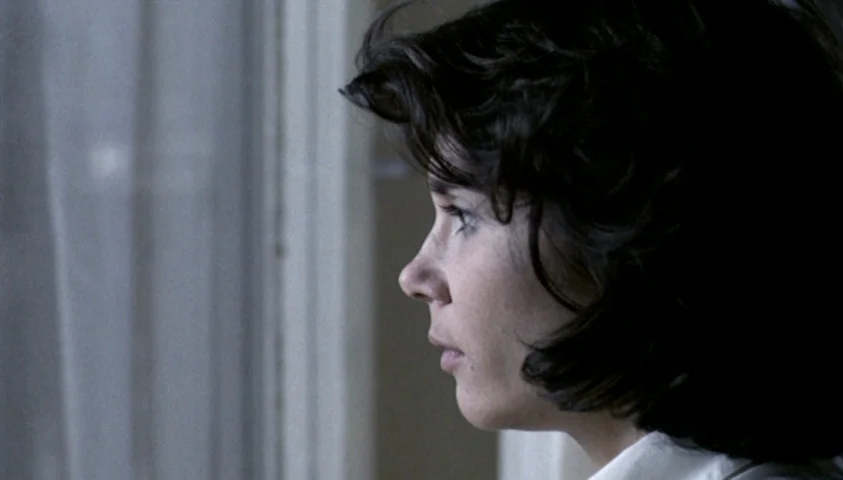 The Seventh Continent (1989) movie still: closeup — A woman stands in a room beside a translucent white window curtain. She faces left, looking out…