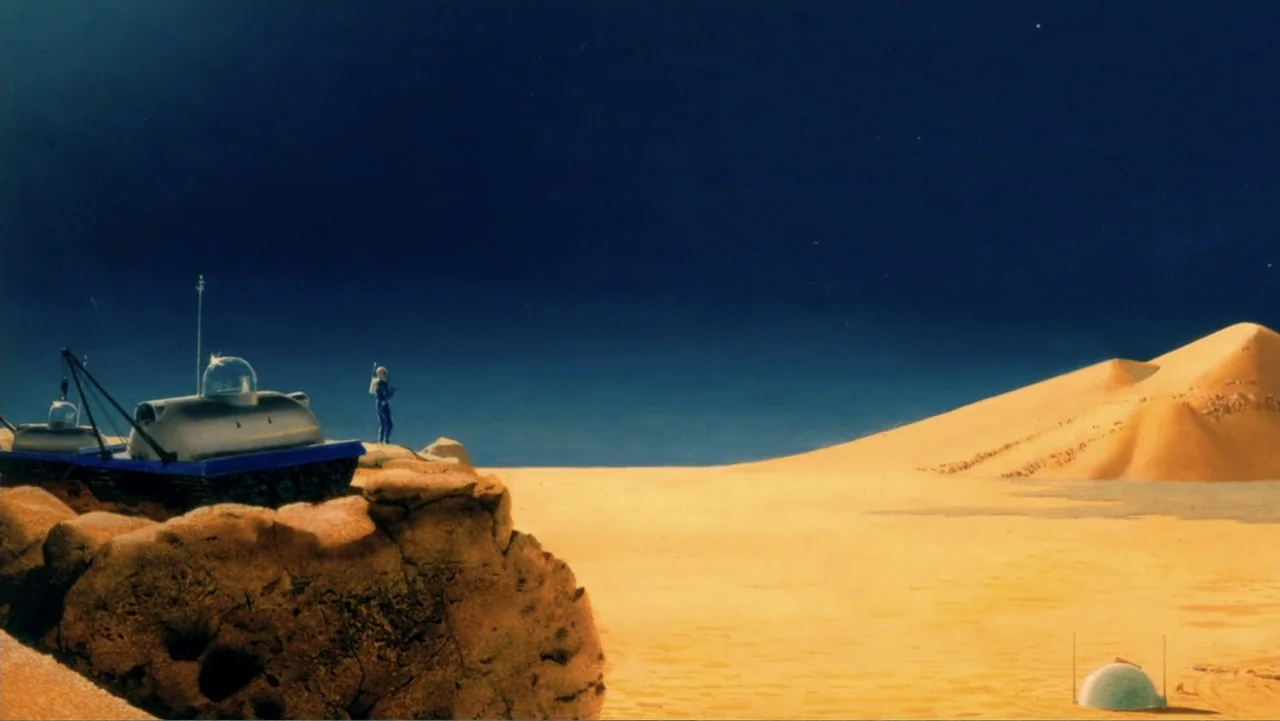 Chesley Bonestell: A Brush with the Future (2018) movie still: wide — A vast yellow sandy desert stretches out under a deep dark blue sky. An…