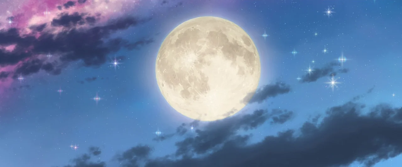 Suzume (2022) movie still: establishing — A full moon dominates a night sky filled with scattered stars and dark clouds. Purple and blue nebular…