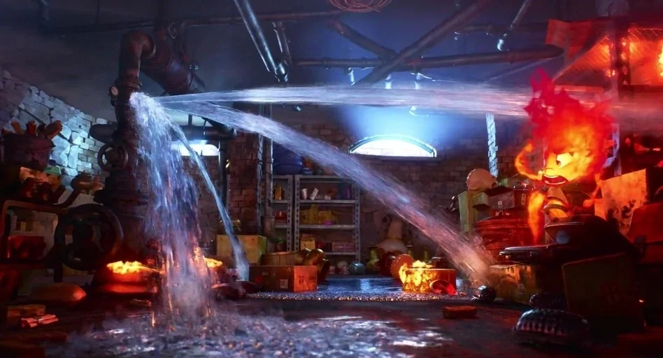 Elemental (2023) movie still: wide — A cluttered basement storage area has exposed piping and stone walls. A fire-based character stares at water…