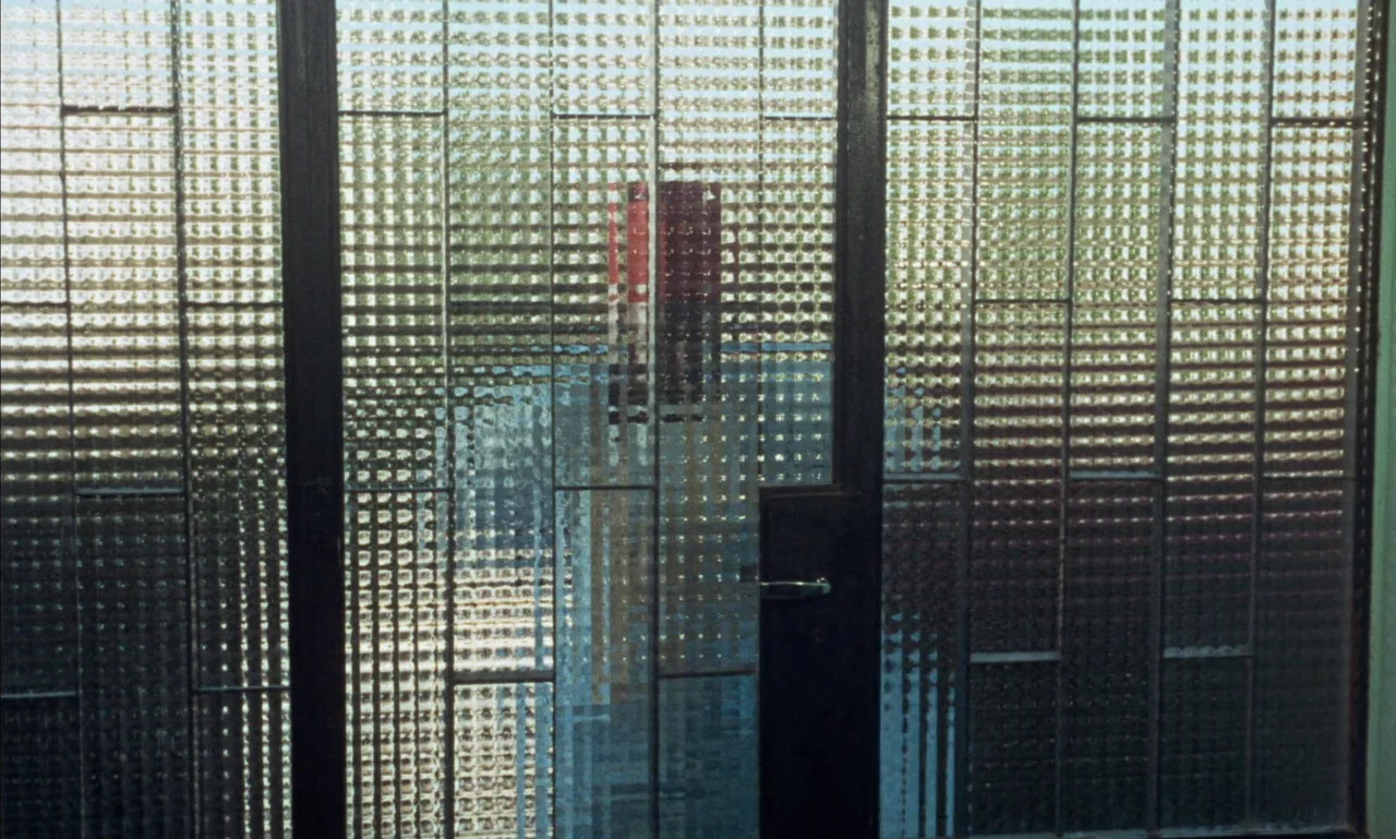 Mandabi (1968) movie still: wide — A glass door with a geometric textured pattern sits within a metal frame. Sunlight transmits through the glass…