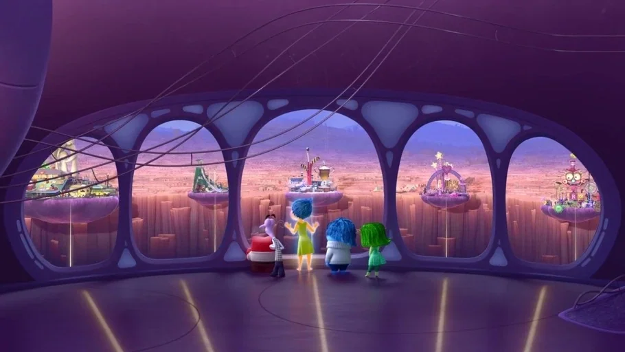 Inside Out (2015) movie still: wide — A spacious purple-toned interior room features large, arched windows overlooking floating island landscapes.…