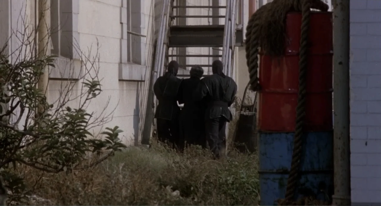 American Ninja 3: Blood Hunt (1989) movie still: medium — A neglected exterior wall of a building features a metal fire escape staircase. Two…