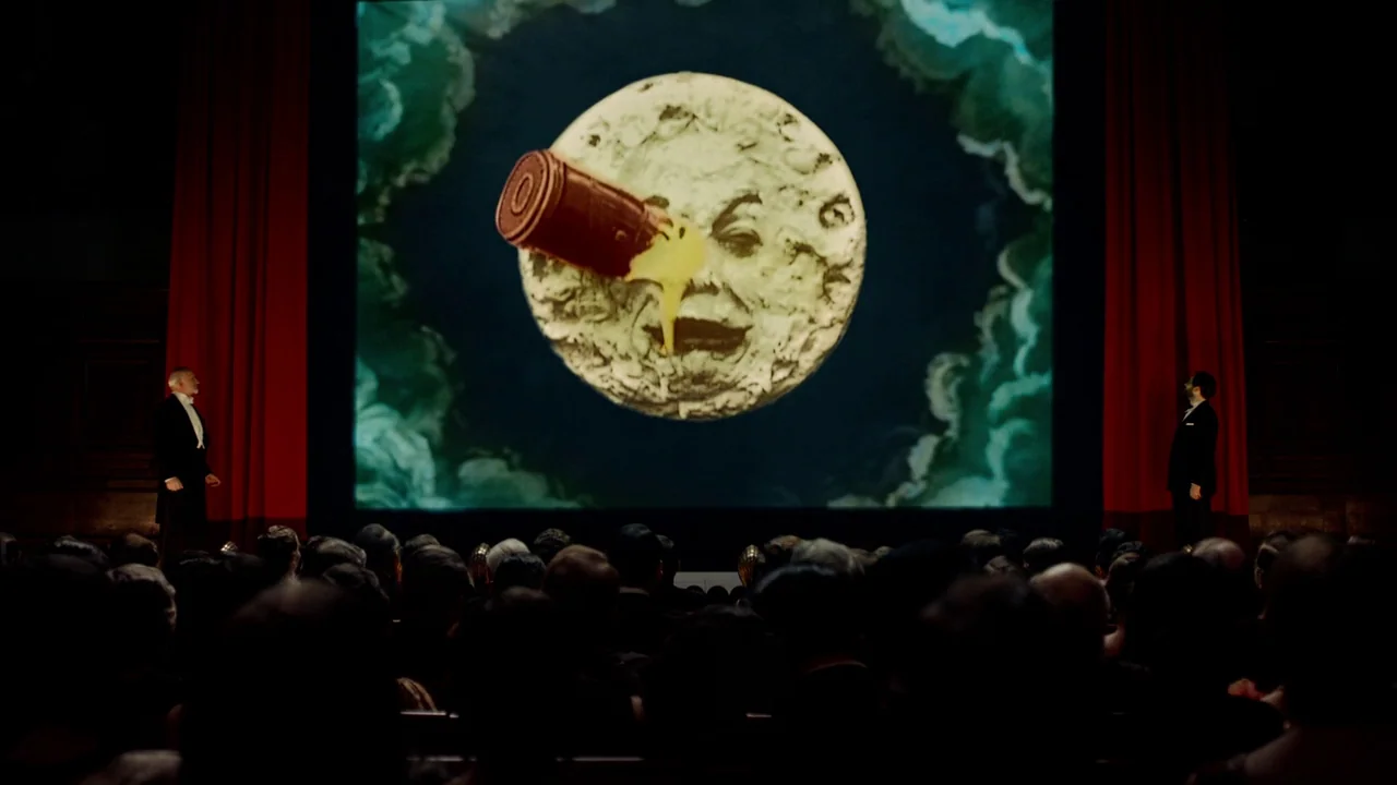 Hugo (2011) movie still: wide — A dark movie theater with red curtains flanking a large screen. The screen projects the iconic lunar image from A…