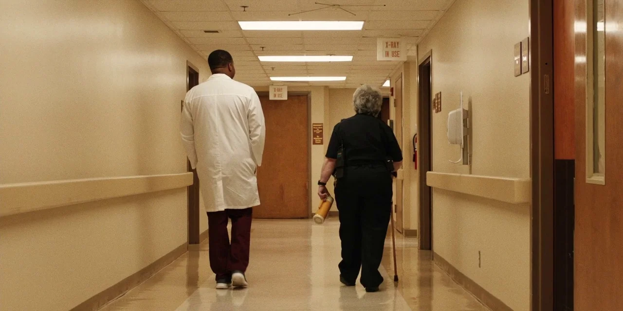 The Death of Dick Long (2019) movie still: fullbody — A long, brightly lit hospital hallway has beige walls and vinyl flooring. A man in a lab coat…