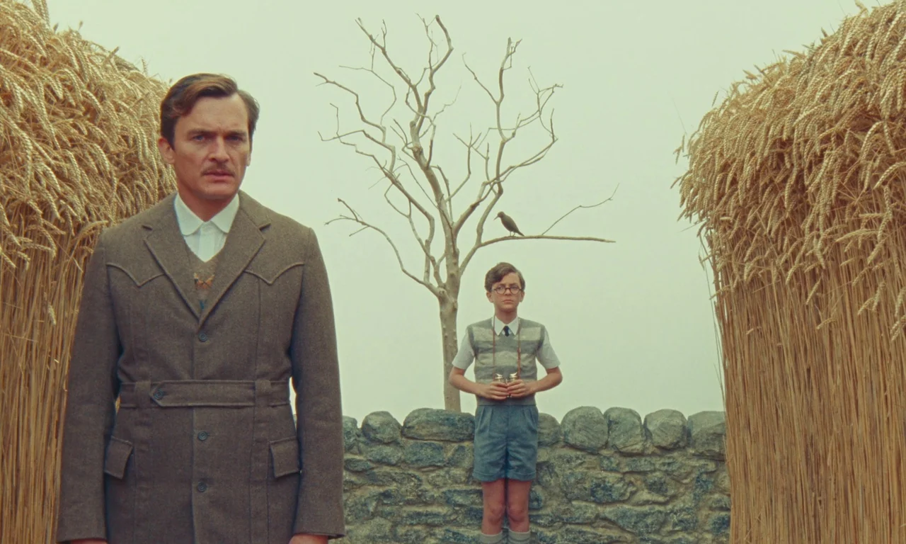 The Swan (2023) movie still: medium — A field flanked by two large wheat sheaves with a stone wall behind them. A man and a young boy wearing…