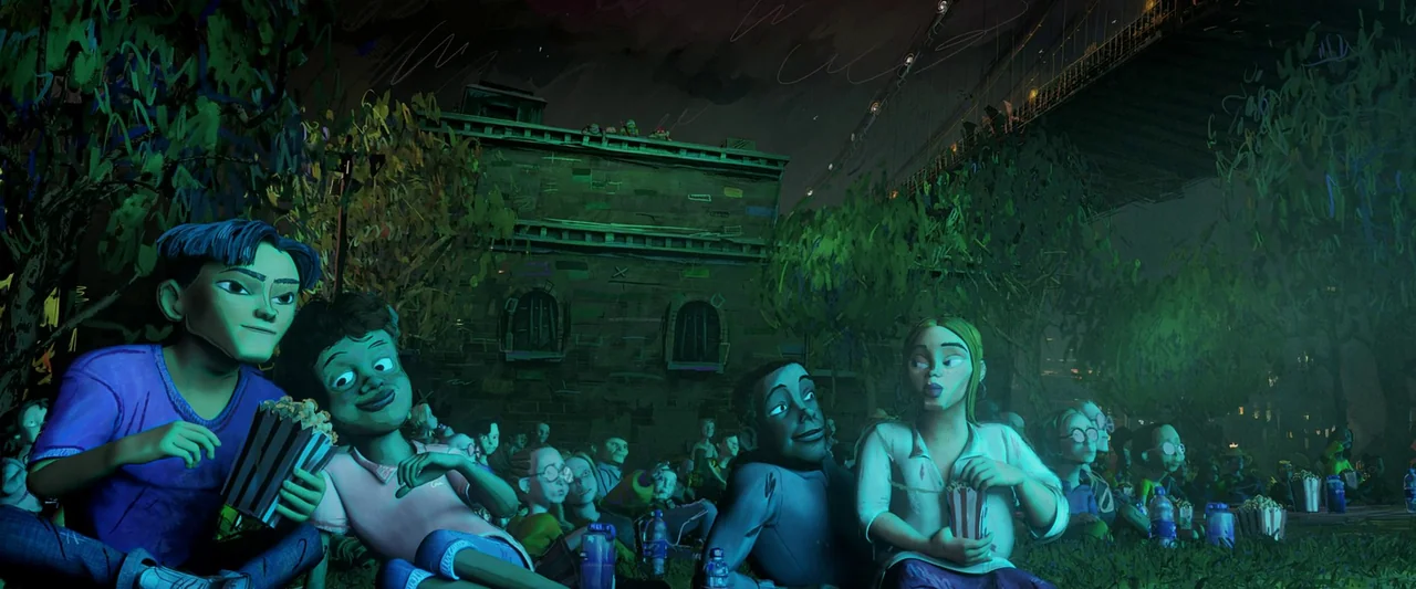 Teenage Mutant Ninja Turtles: Mutant Mayhem (2023) movie still: wide — A group of teenagers sit on grass in a park under a large bridge. They are…