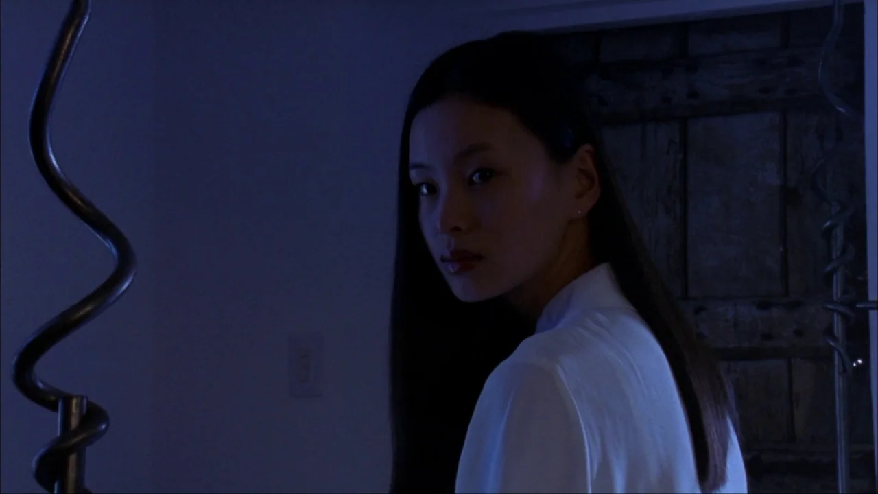 Audition (1999) movie still: closeup — A dark, dimly lit indoor space featuring a simple light switch on a wall. A young woman with long dark hair…