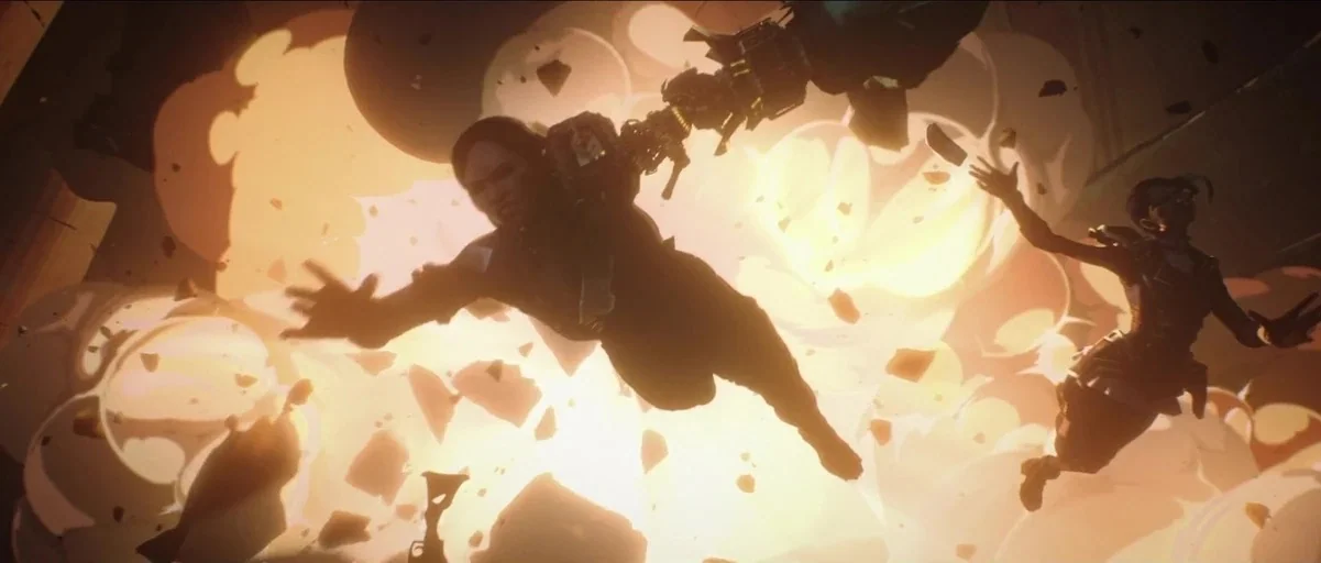 Arcane (2024) movie still: wide — A massive orange fireball engulfs an outdoor area filled with flying debris and smoke. Two figures are airborne as…