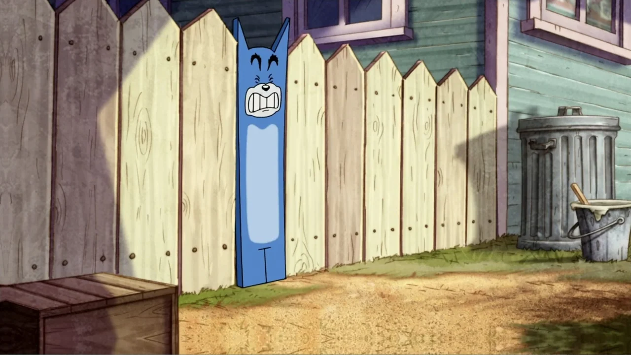 Tom and Jerry: Willy Wonka & the Chocolate Factory (2017) movie still: medium — A backyard area features a vertical wooden fence next to a pale…
