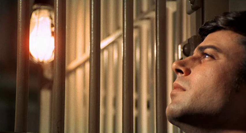 Perversion Story (1969) movie still: closeup — A dimly lit space features metal bars spanning vertically across the frame. A man with dark hair…