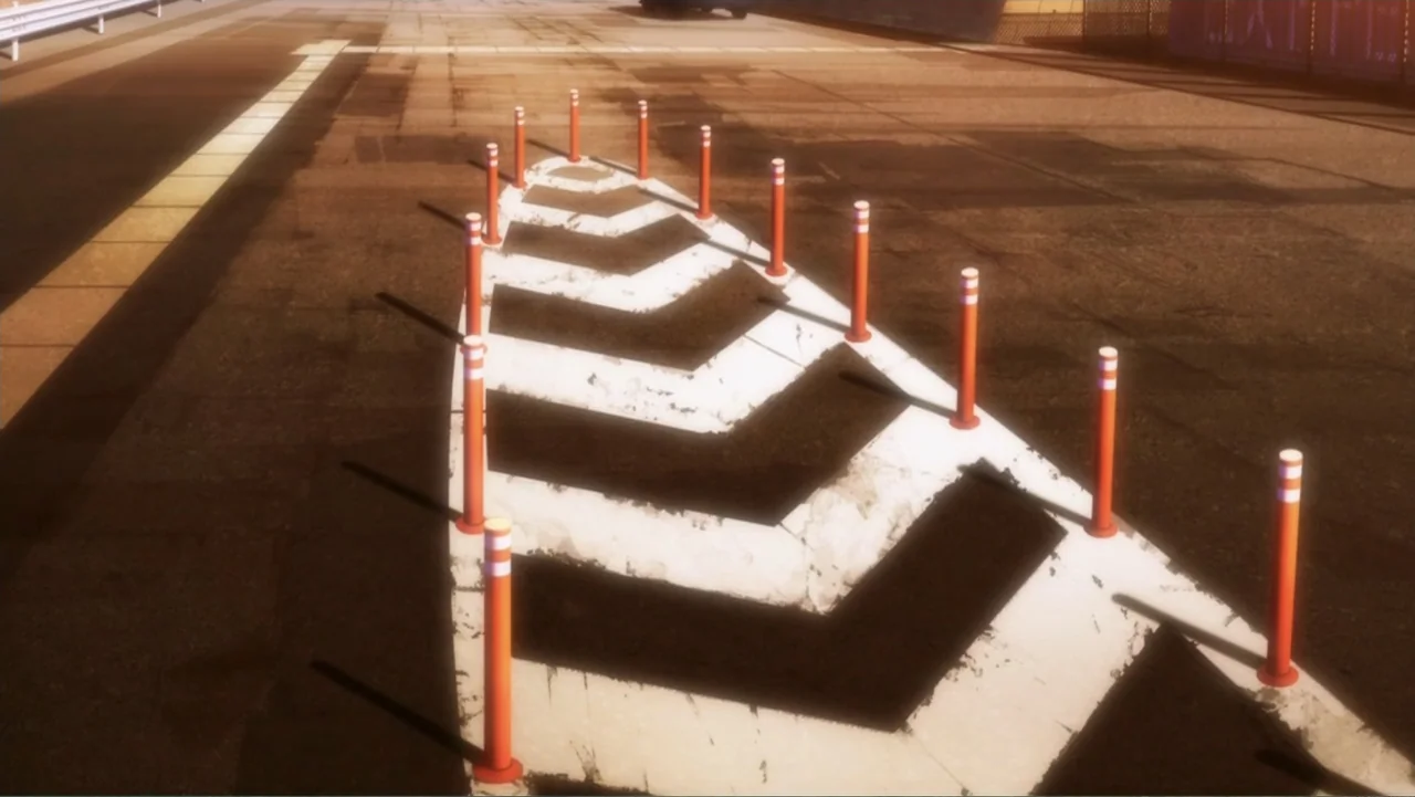 Ghost in the Shell: The New Movie (2015) movie still: establishing — A paved road surface features a chevron-marked safety island bordered by orange…