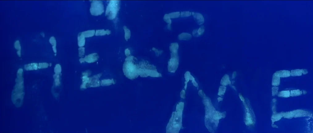 Se7en (1995) movie still: closeup — A dark, deep blue glass surface features the word 'HELP ME' written in fingerprints. Individual skin texture…