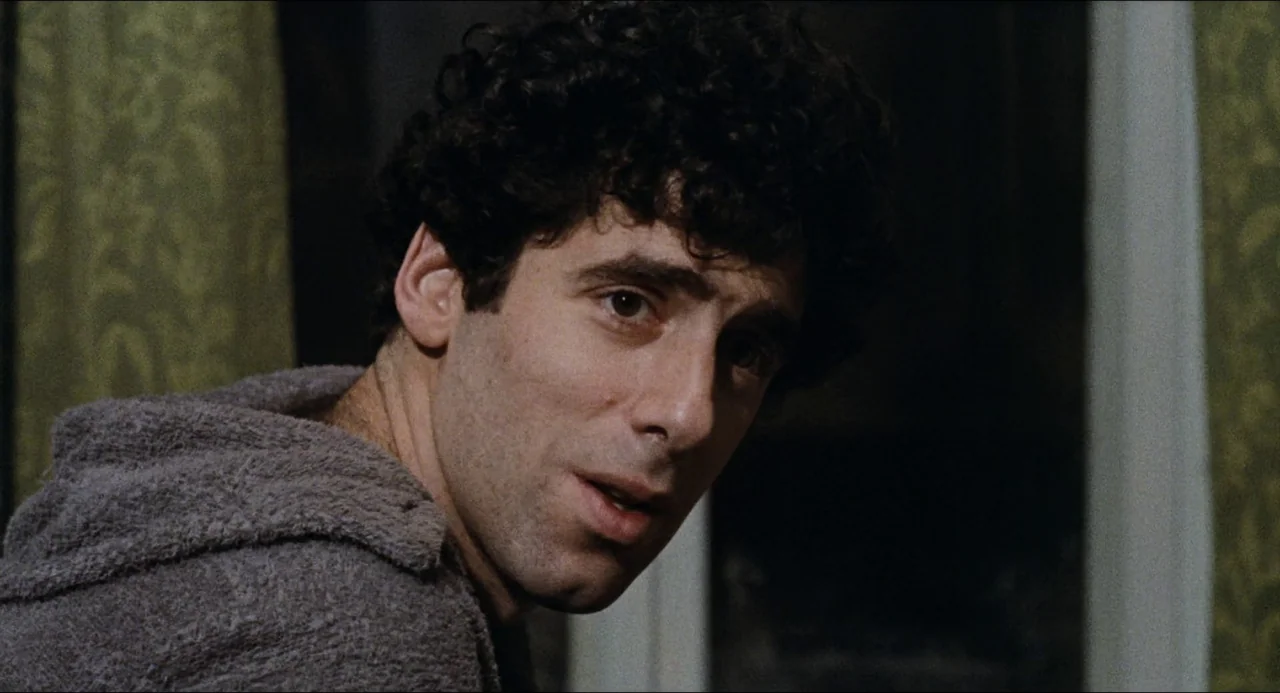 The Touch (1971) movie still: closeup — A dimly lit room features a person framed against patterned green curtains. The individual turns their head…