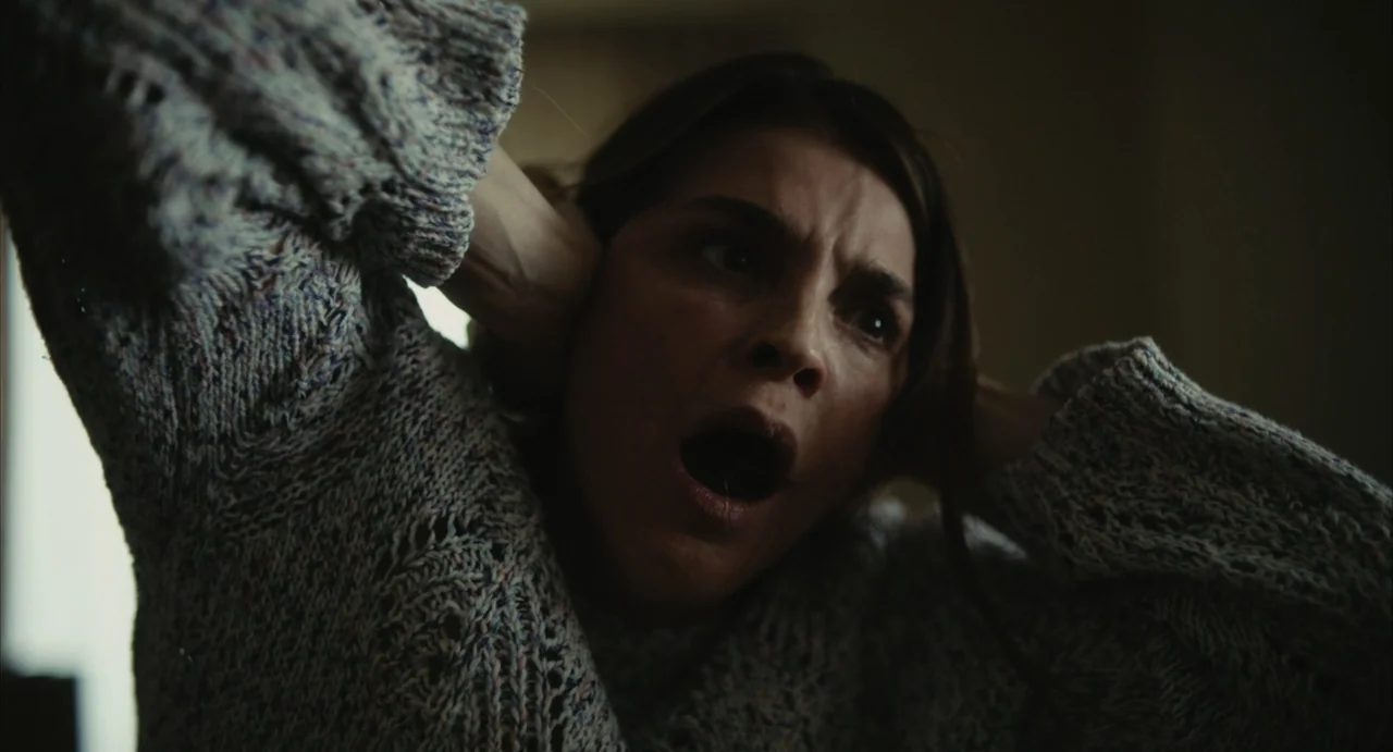 The Diary (1999) movie still: closeup — A dimly lit indoor space with dark shadows obscures the surrounding architecture. A woman in a knit sweater…