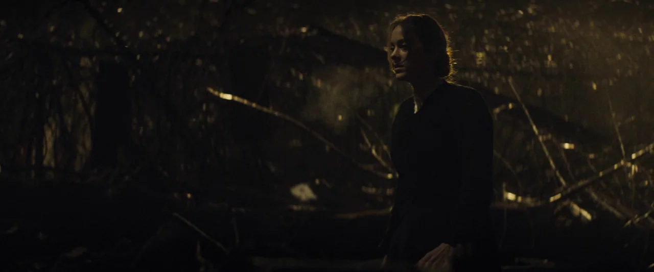 The Immigrant (2013) movie still: medium — A dense, overgrown patch of dark woodland at night filled with tangled branches. A woman stands in the…
