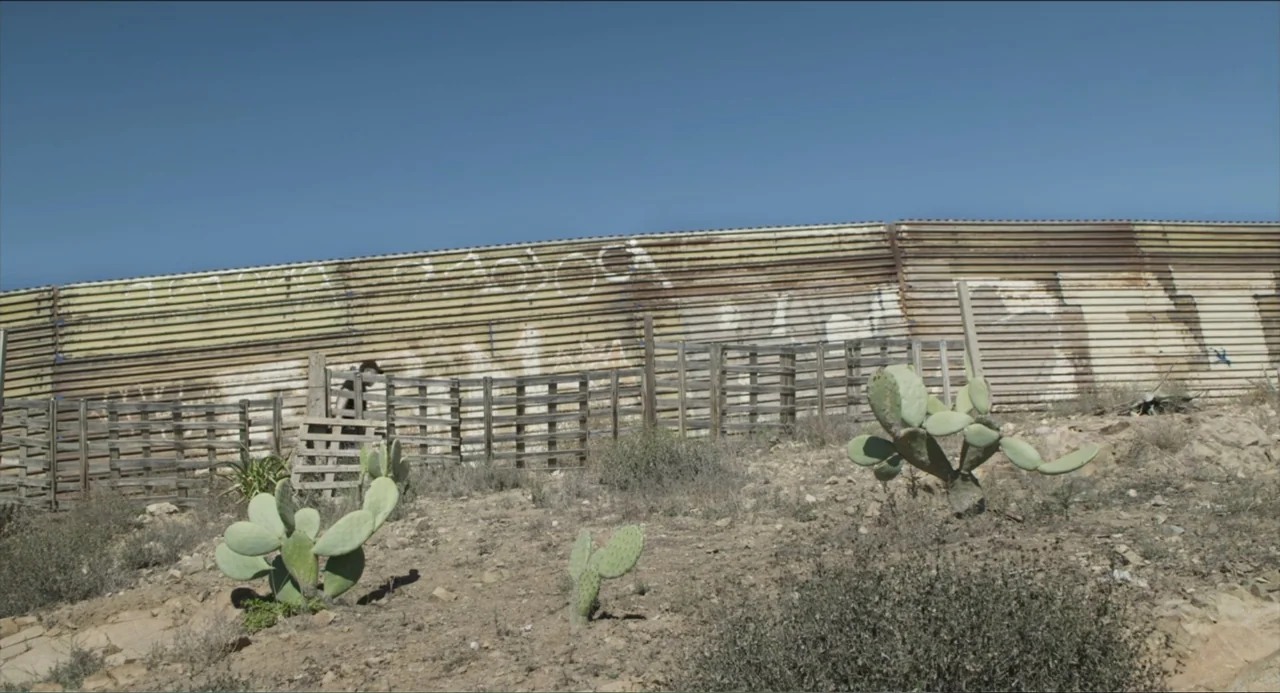 Human Flow (2017) movie still: wide — A tall corrugated metal border fence cuts across a dry, arid desert landscape. Several prickly pear cacti grow…