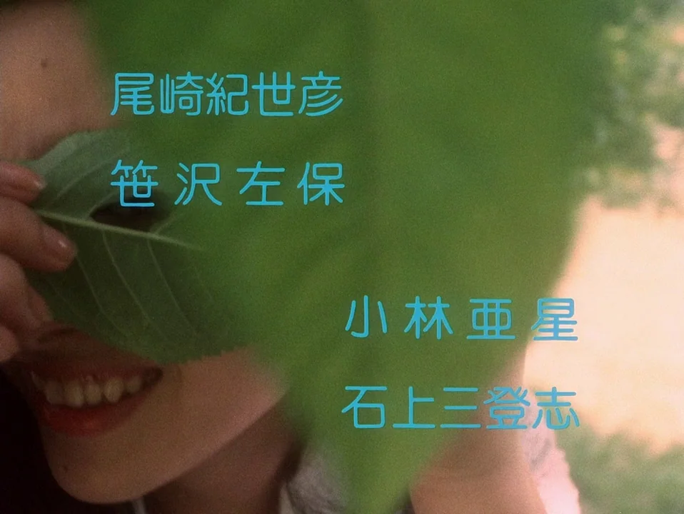 House (Hausu) (1977) movie still: closeup — A person holds a large, bright green serrated leaf obscuring part of their face. Cyan Japanese text…