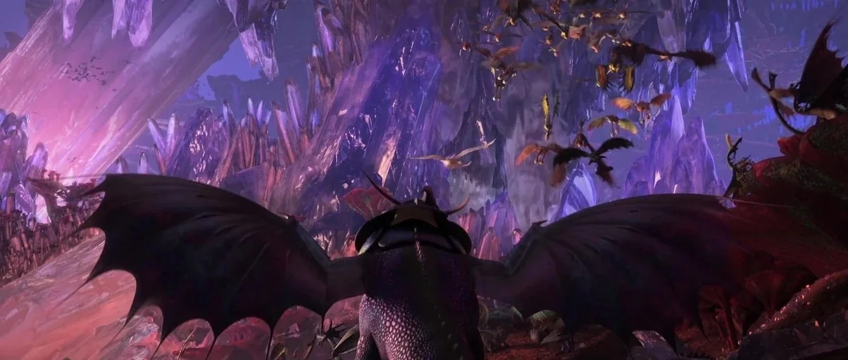How to Train Your Dragon: The Hidden World (2019) movie still: wide — A subterranean cavern is filled with towering, glowing purple crystals and…