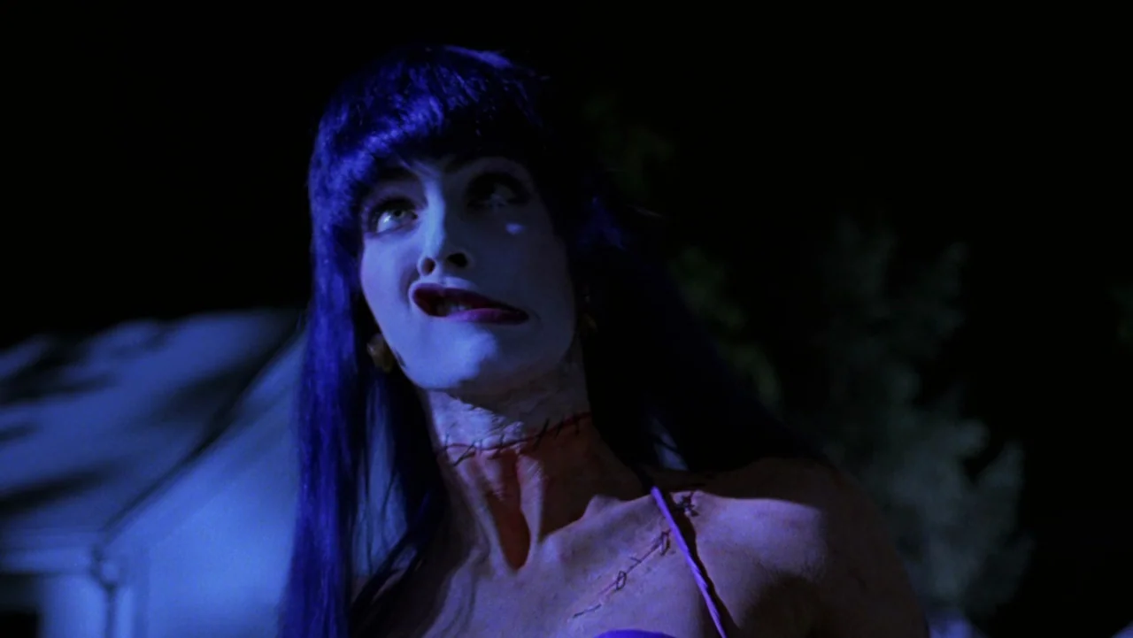 Frankenhooker (1990) movie still: closeup — A dark night setting featuring a suburban house backdrop obscured by shadow. A woman with visible…