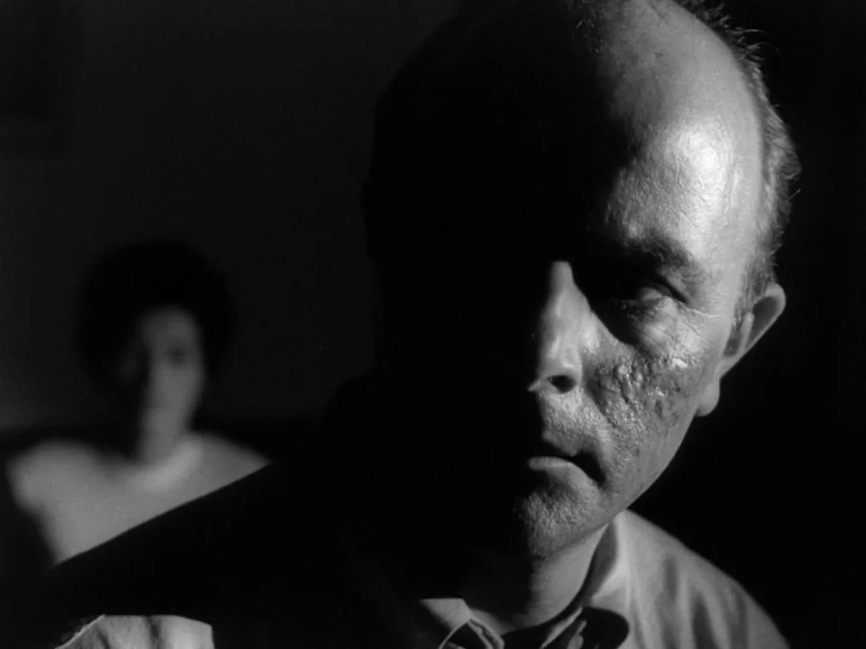 Night of the Living Dead (1968) movie still: closeup — A dark indoor space with a man in the foreground and a woman behind. The man's face is…