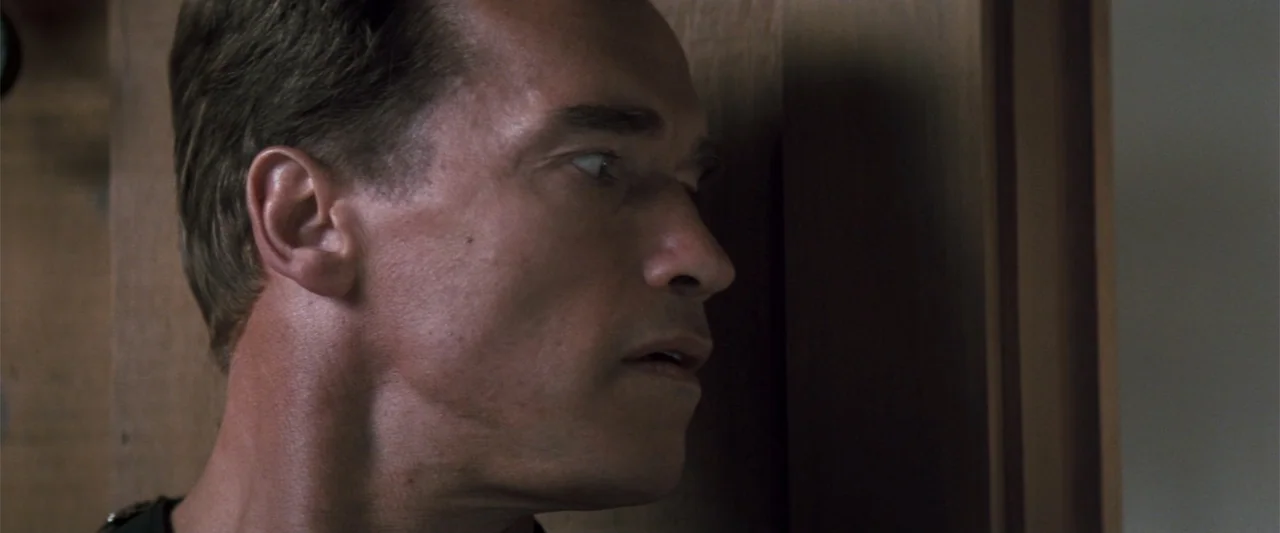 The Eraser (1977) movie still: closeup — A man stands near the edge of a wooden interior door frame. The subject looks past the frame toward an area…