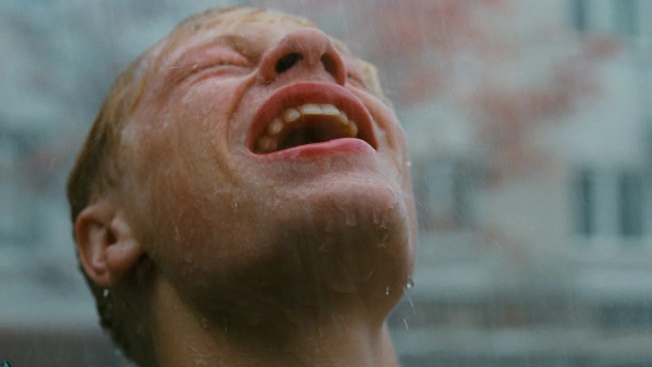 Mommy (2014) movie still: closeup — An outdoor urban setting with a blurred building in the background. A young man stands in the rain with his head…