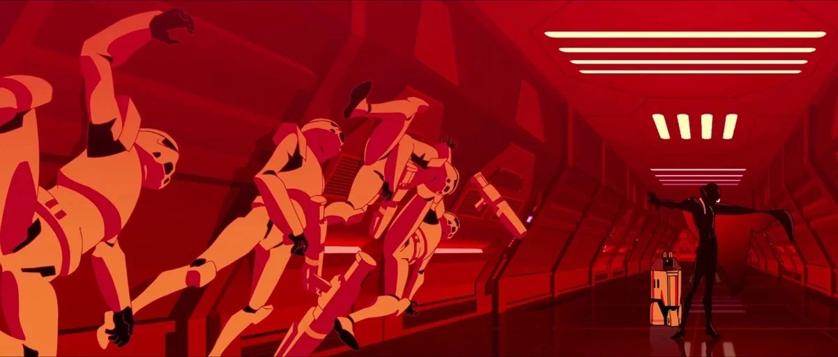 Star Wars: Visions (2021) movie still: wide — A long red corridor in a spacecraft with geometric wall panels and overhead lights. Several armored…
