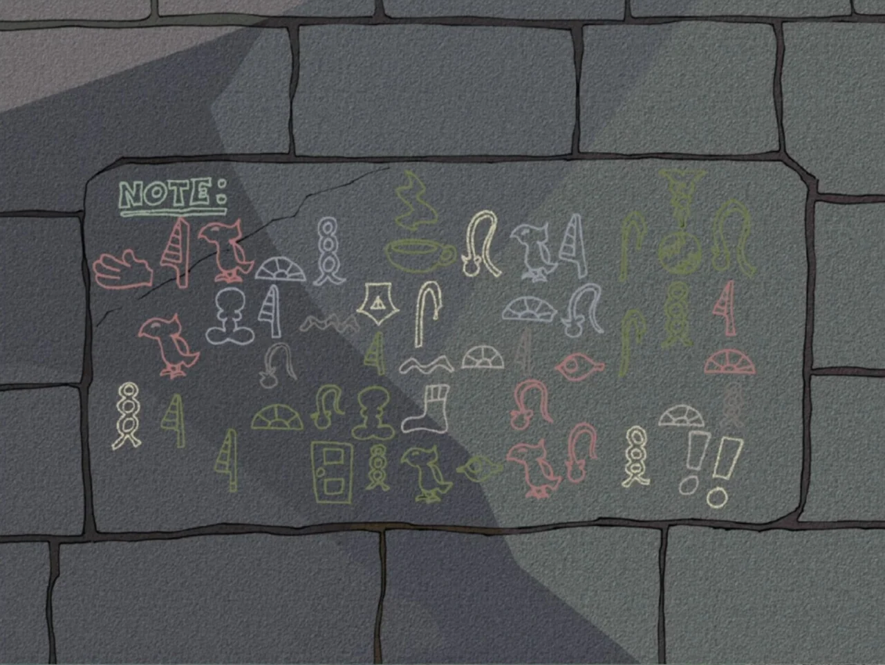 Tweety's High Flying Adventure (2000) movie still: closeup — A grey stone block with hand-drawn colorful glyphs is embedded in a masonry wall.…