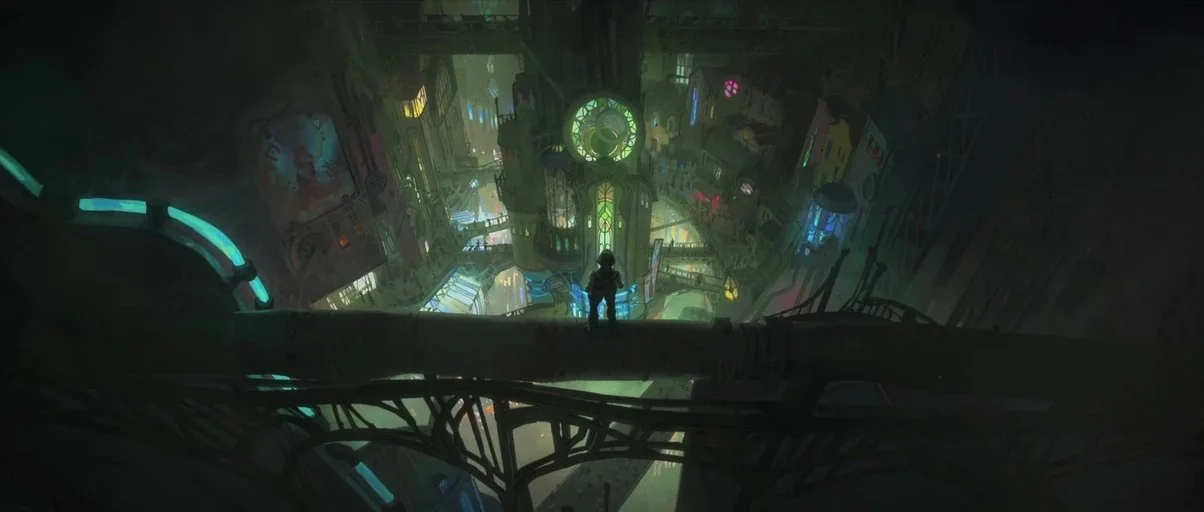 Arcane (2021) movie still: establishing — A dark, subterranean cityscape with dense, multi-level structures connected by precarious bridges and…