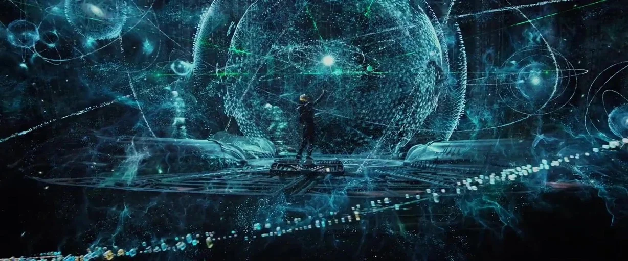 Prometheus (2012) movie still: wide — A dark, expansive digital environment filled with swirling blue holographic solar systems and data. A lone…