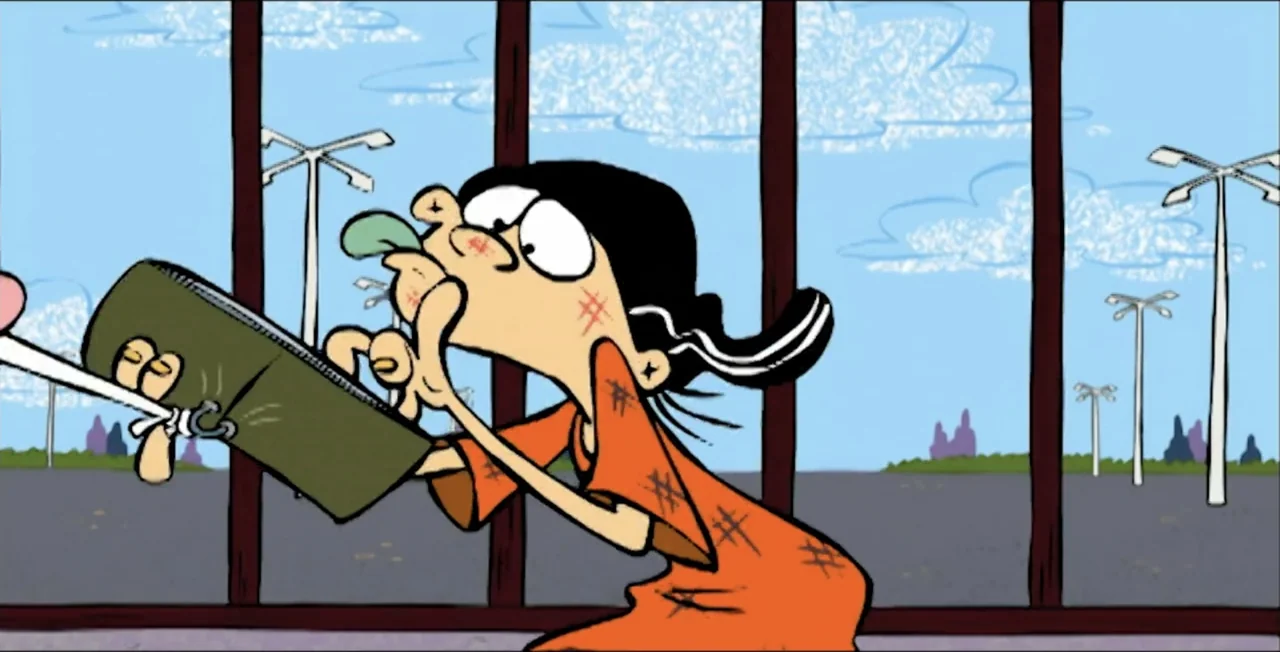 Ed, Edd n Eddy's Big Picture Show (2009) movie still: medium — An outdoor bus stop with a blue sky background and tall thin streetlights. A cartoon…