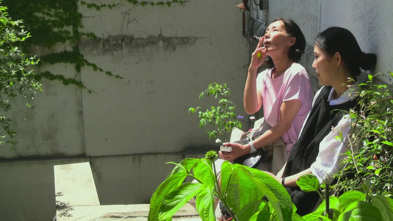 In Front Of Your Face (2021) movie still: medium — A bright outdoor courtyard area with textured white walls covered in creeping ivy. Two women sit…