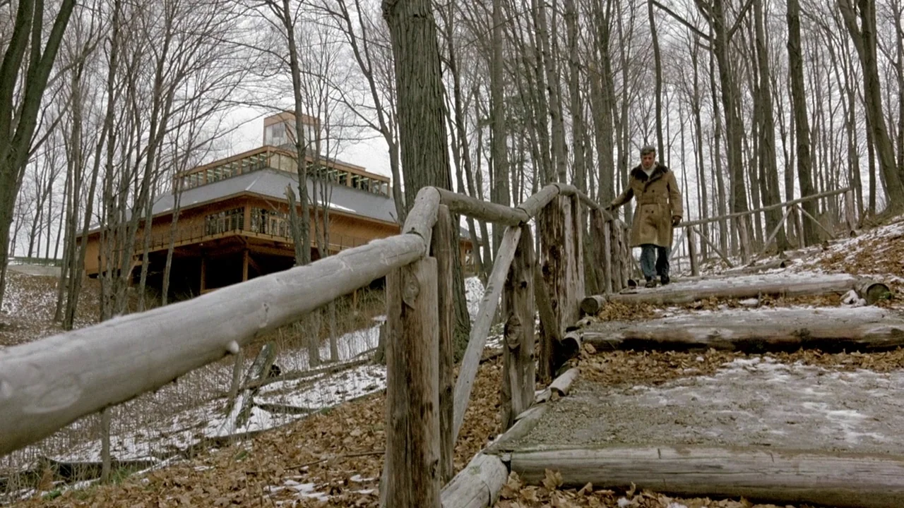The Brood (1979) movie still: wide — A wooden staircase winds through a winter forest with patches of snow on the ground. A man in a trench coat…