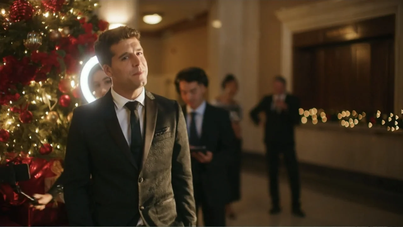Christmas in the Spotlight (2024) movie still: medium — A well-lit hotel lobby features a large Christmas tree decorated with ornaments and lights.…