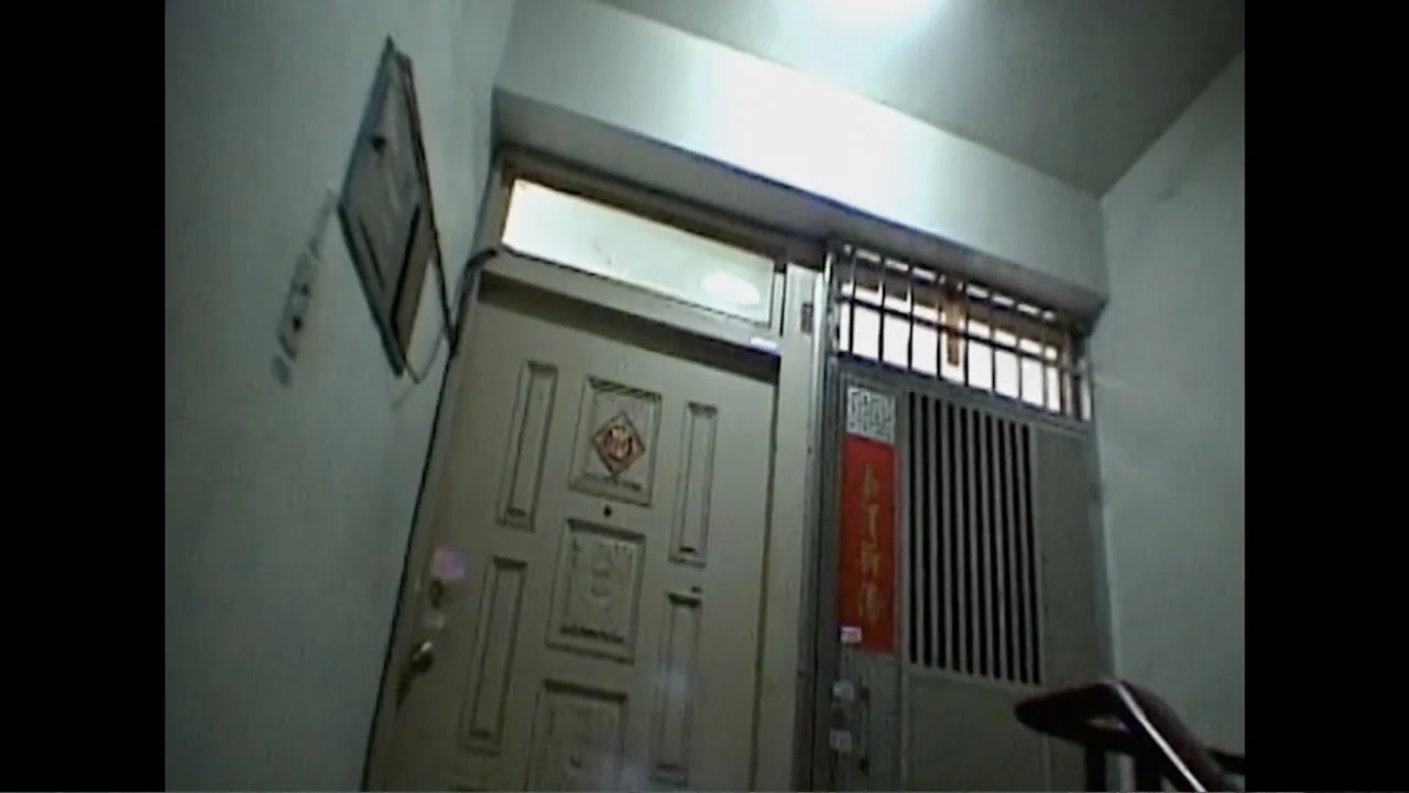 Daniel (1983) movie still: wide — A residential stairwell landing features a beige security door and an iron gate. The space is dimly illuminated by…
