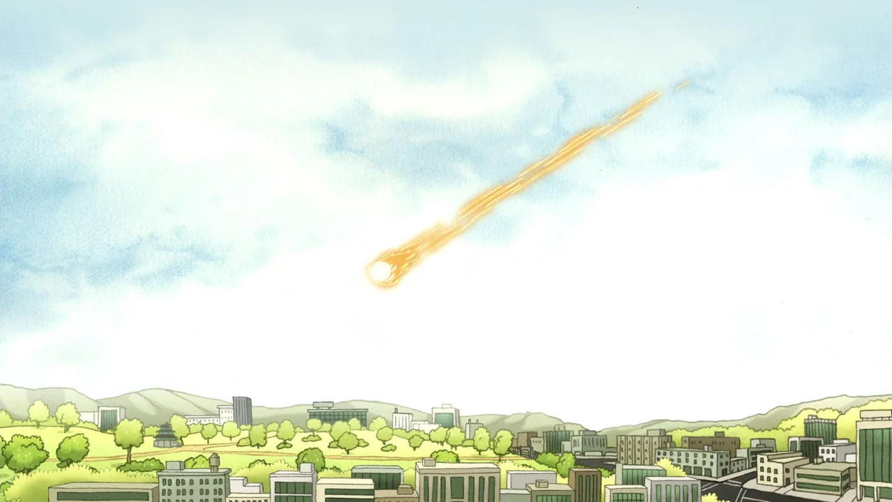 Regular Show: The Movie (2015) movie still: establishing — A stylized 2D cartoon cityscape features low-rise buildings and rolling green hills. A…