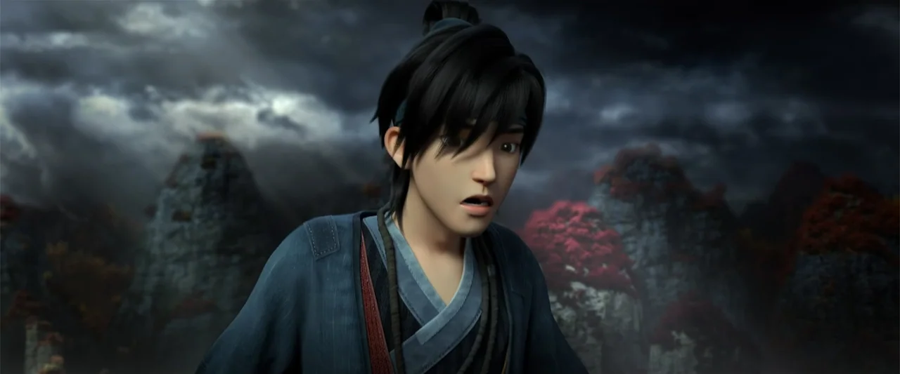 White Snake (2019) movie still: medium — A figure stands before steep mountain crags under a heavy, storm-laden sky. The young man with dark hair…