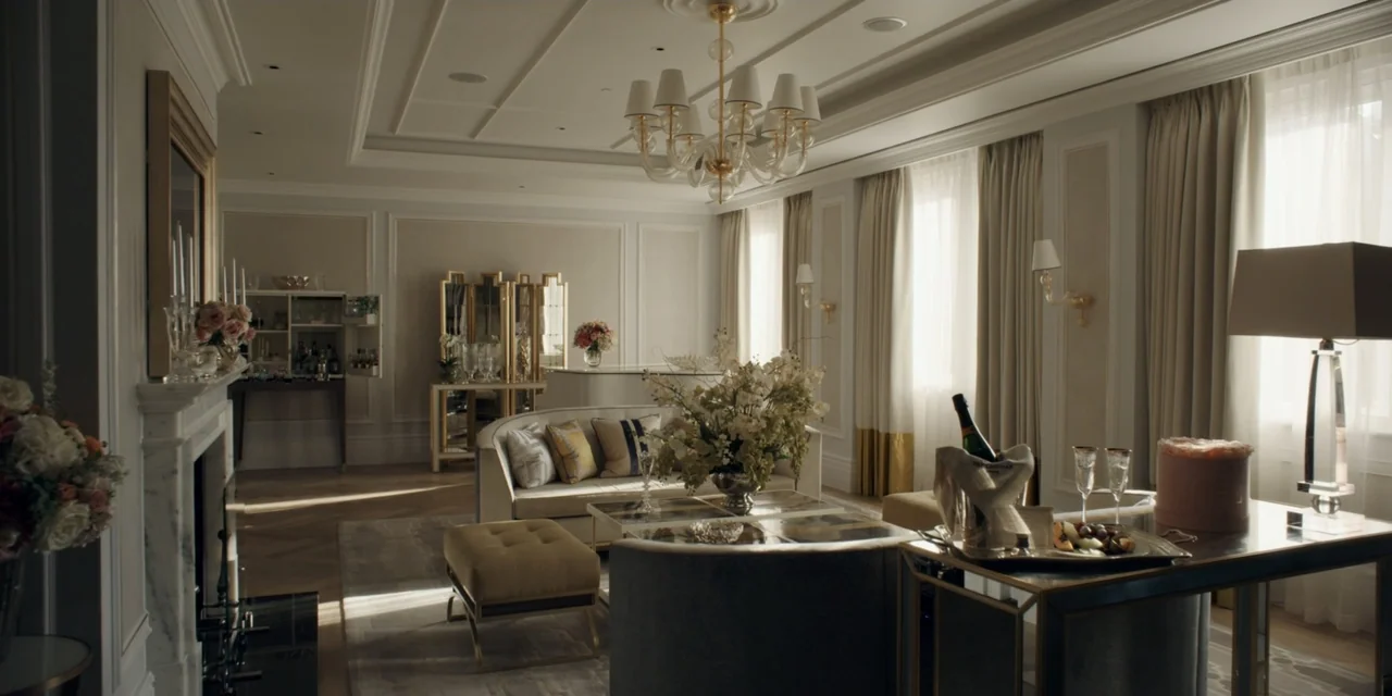 The People We Hate at the Wedding (2022) movie still: establishing — A luxury hotel suite features high ceilings, crown molding, and ornate…