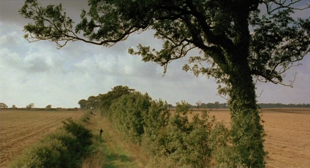 The Go-Between (1971) movie still: wide — A wide, open expanse of agricultural land is bordered by a long, dense hedgerow. A small, solitary child…