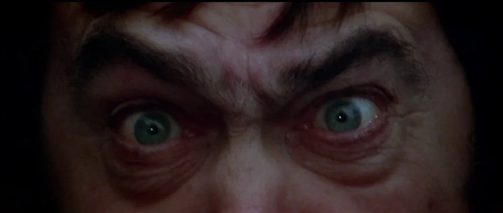 The Omen (1976) movie still: closeup — A close-up view focuses on a pair of eyes framed by dark, dense surroundings. A man stares forward with wide…