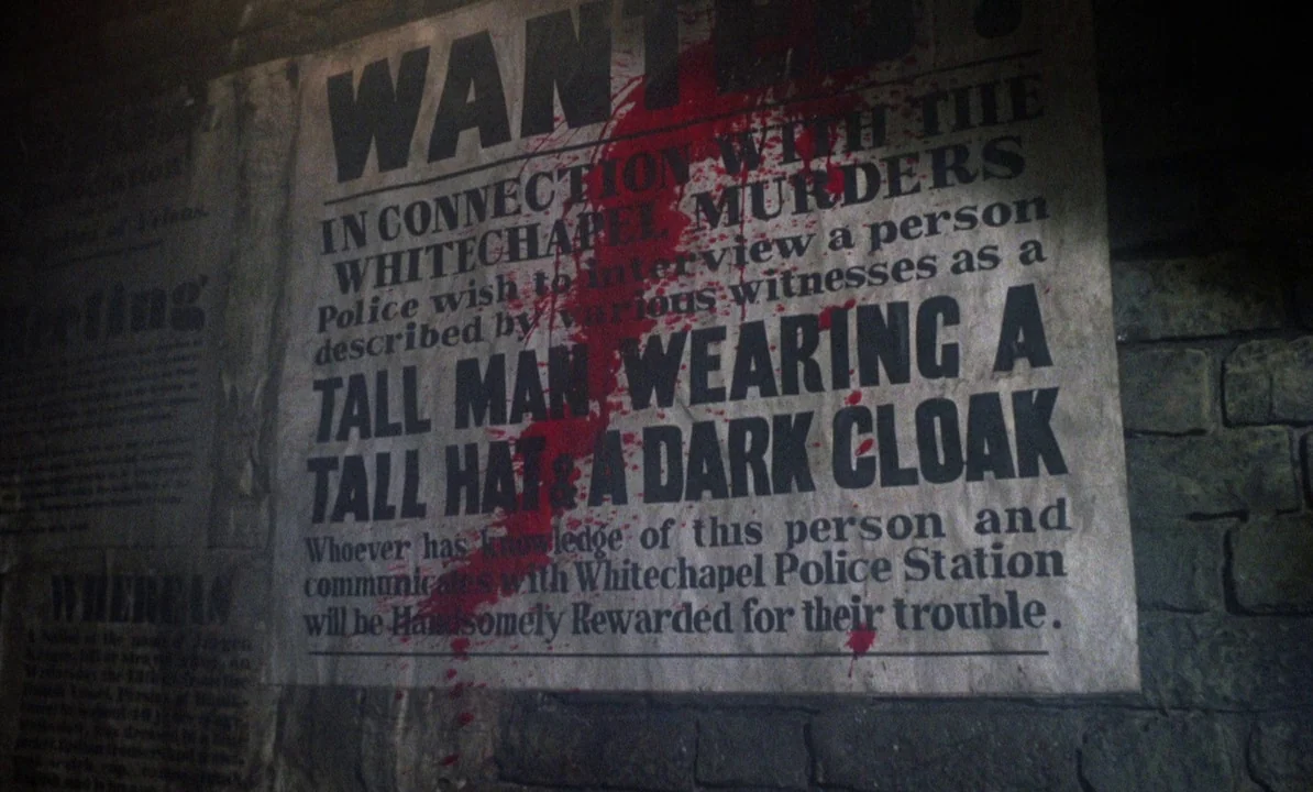 Dr Jekyll & Sister Hyde (1971) movie still: closeup — A dark, uneven brick wall serves as the backdrop for a weathered paper notice. A wanted poster…