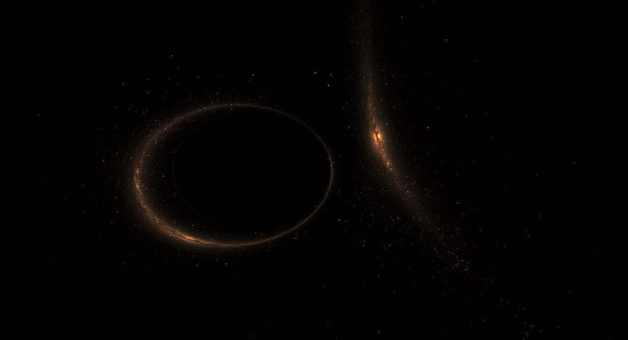 Voyage of Time (2016) movie still: establishing — A massive black hole sits in the center of a dark interstellar void. A bright, orange-hued…