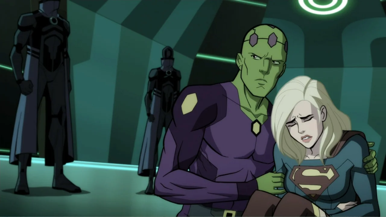 Legion of Super-Heroes (2023) movie still: medium — A high-tech interior space with teal walls featuring illuminated geometric patterns. A…